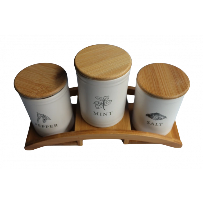 Bambu Köprü Standlı 3lü Baharatlık Seti