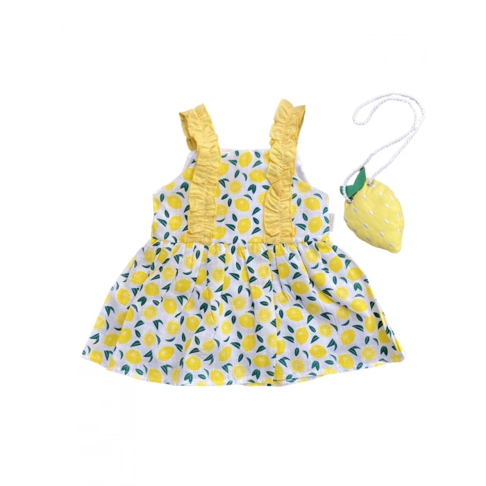 Kız Bebek Keten Fırfır Askılı Limon Model Elbise ve Sahte Limon Modelli Çanta Takımı