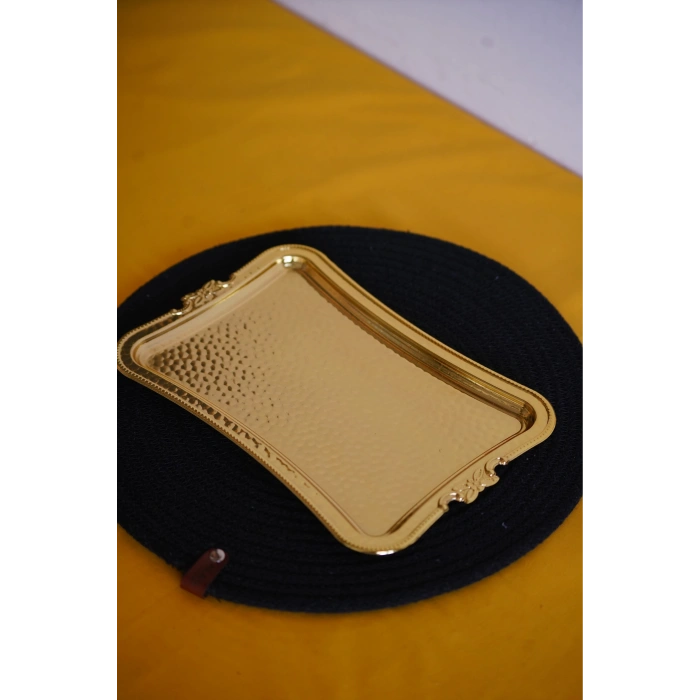 Cooker Dikdörtgen Dövme Desenli Gold Metal Sunum Tepsi 25x17 cm