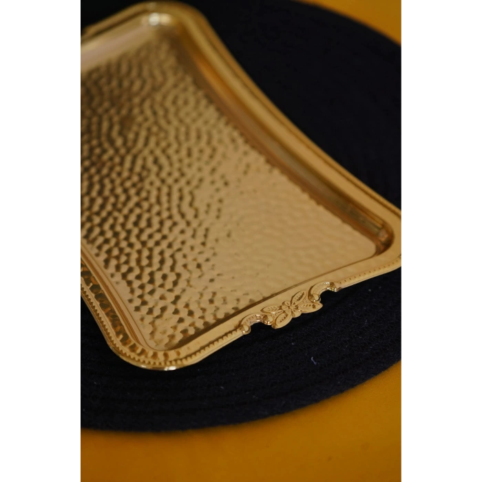 Cooker Dikdörtgen Dövme Desenli Gold Metal Sunum Tepsi 25x17 cm