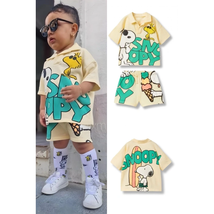 Unisex Bebek & Çocuk Snoopy Baskılı Pamuklu Polo Yaka T-shirt ve Şort Alt Üst Takım