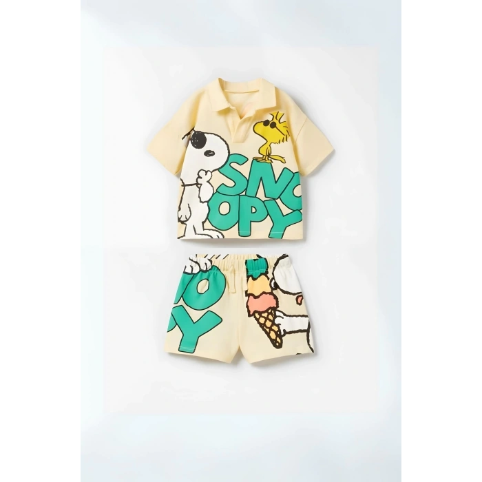 Unisex Bebek & Çocuk Snoopy Baskılı Pamuklu Polo Yaka T-shirt ve Şort Alt Üst Takım