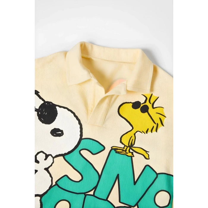 Unisex Bebek & Çocuk Snoopy Baskılı Pamuklu Polo Yaka T-shirt ve Şort Alt Üst Takım