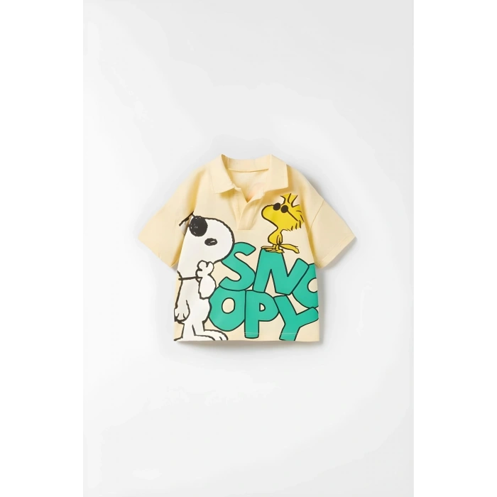Unisex Bebek & Çocuk Snoopy Baskılı Pamuklu Polo Yaka T-shirt ve Şort Alt Üst Takım