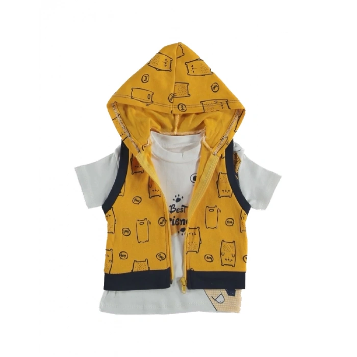 Erkek Bebek Hardal Renk Kapüşonlu Yelek Ayı Baskılı T-Shirt ve Lacivert Şort Yazlık 3 Parça Takım