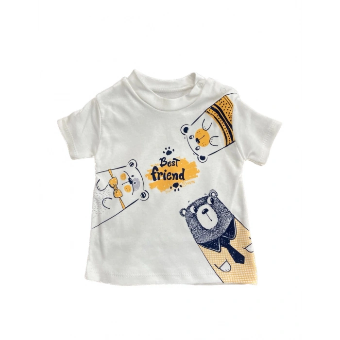 Erkek Bebek Hardal Renk Kapüşonlu Yelek Ayı Baskılı T-Shirt ve Lacivert Şort Yazlık 3 Parça Takım