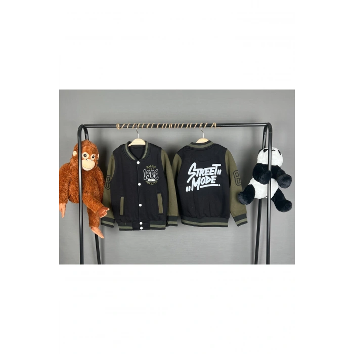 Erkek Çocuk Haki Renk Kolej Yaka 3 İplik Şardonlu Nakışlı Sırt Baskılı Ceket