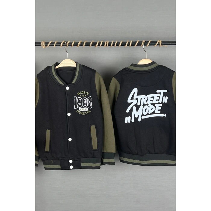 Erkek Çocuk Haki Renk Kolej Yaka 3 İplik Şardonlu Nakışlı Sırt Baskılı Ceket