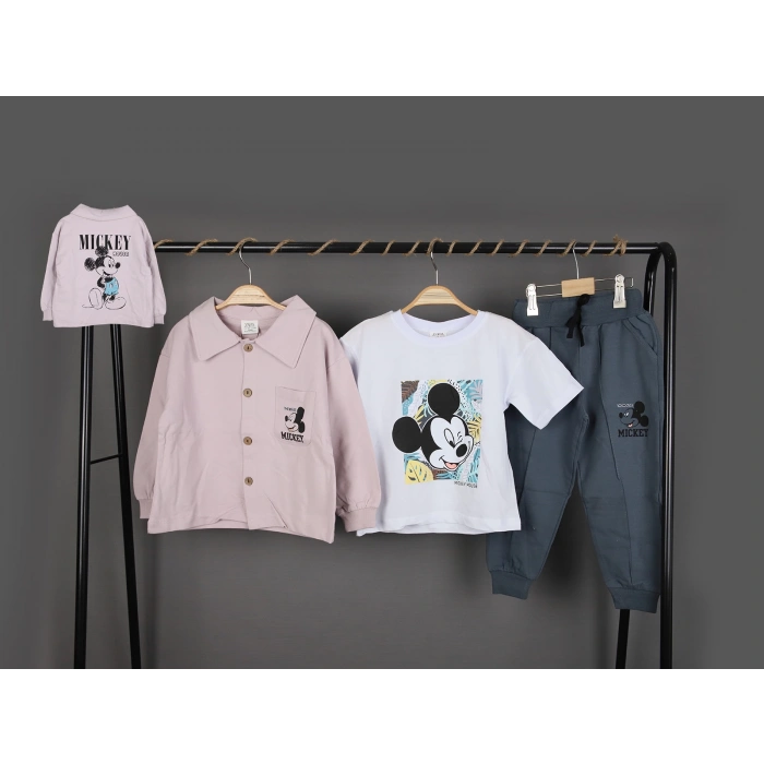 Erkek Çocuk Mickey Mouse Baskılı Gömlek Ceket T-shirt ve Eşofman 3 Parça Mevsimlik Takım