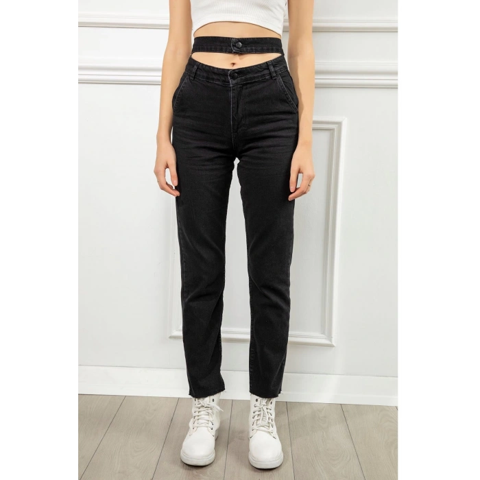 Kadın Antrasit Renk Denim Kumaş Bilek Boy Straight Fit Çift Kemerli Pantolon