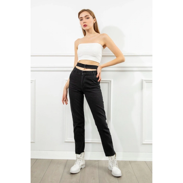 Kadın Antrasit Renk Denim Kumaş Bilek Boy Straight Fit Çift Kemerli Pantolon