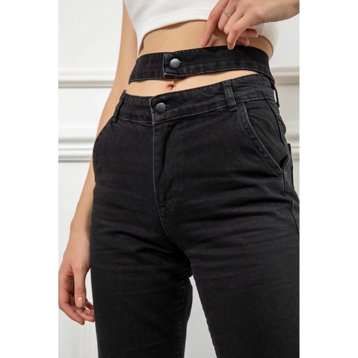 Kadın Antrasit Renk Denim Kumaş Bilek Boy Straight Fit Çift Kemerli Pantolon