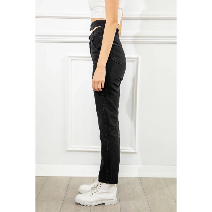 Kadın Antrasit Renk Denim Kumaş Bilek Boy Straight Fit Çift Kemerli Pantolon
