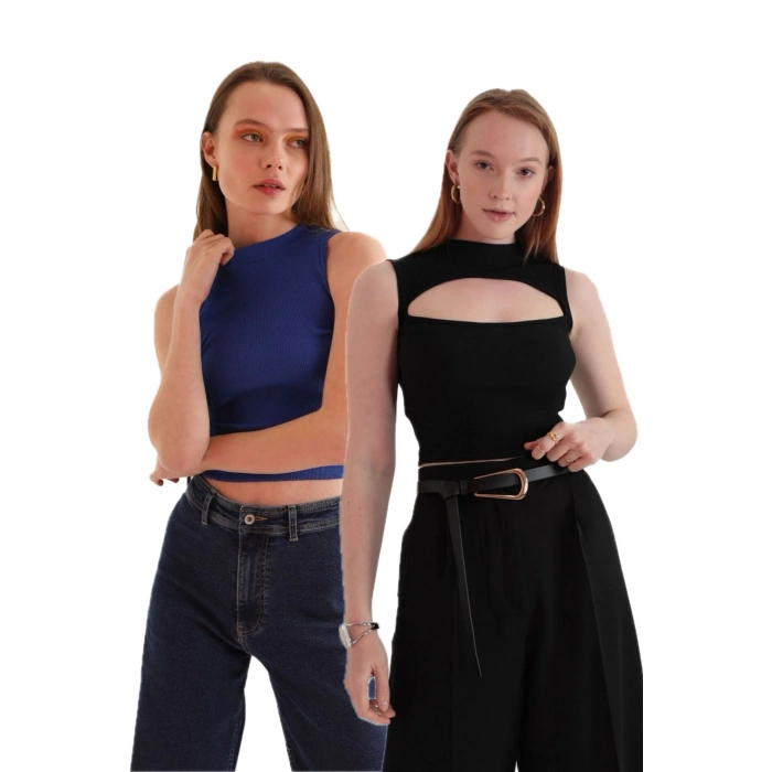 Kadın Kaşkorse Kumaş Siyah ve Saks Renk 2 Parça Bluz Seti