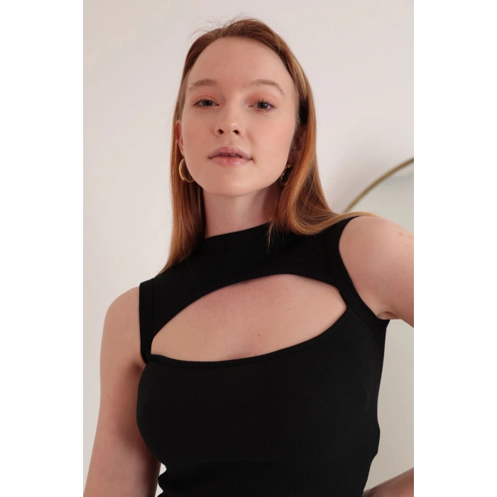 Kadın Kaşkorse Kumaş Siyah ve Saks Renk 2 Parça Bluz Seti