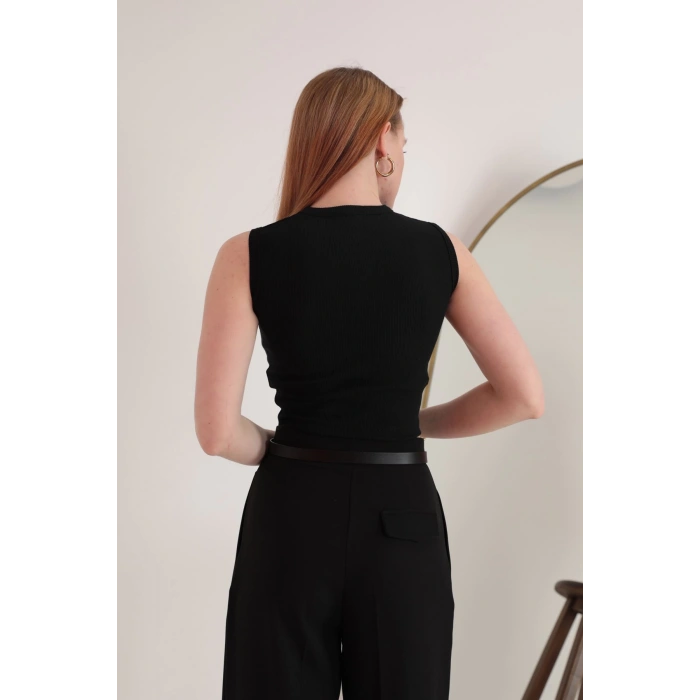 Kadın Kaşkorse Kumaş Siyah ve Saks Renk 2 Parça Bluz Seti