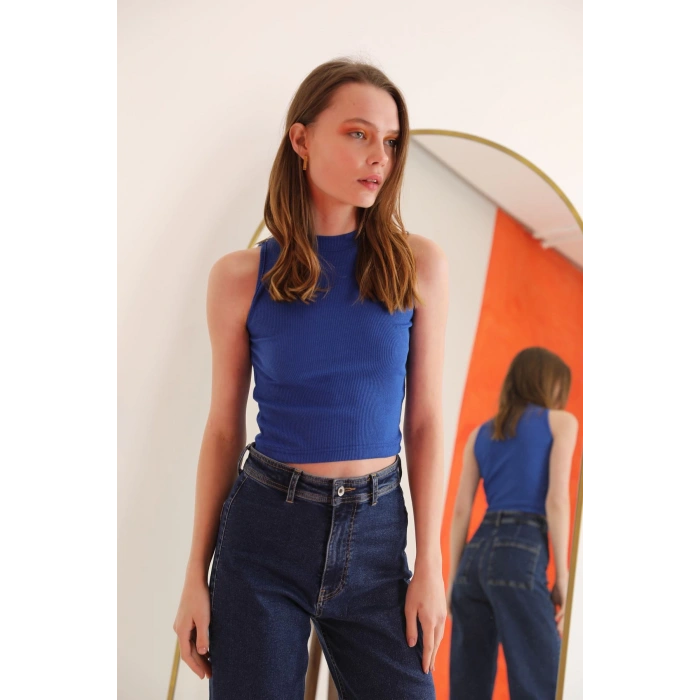 Kadın Kaşkorse Kumaş Siyah ve Saks Renk 2 Parça Bluz Seti