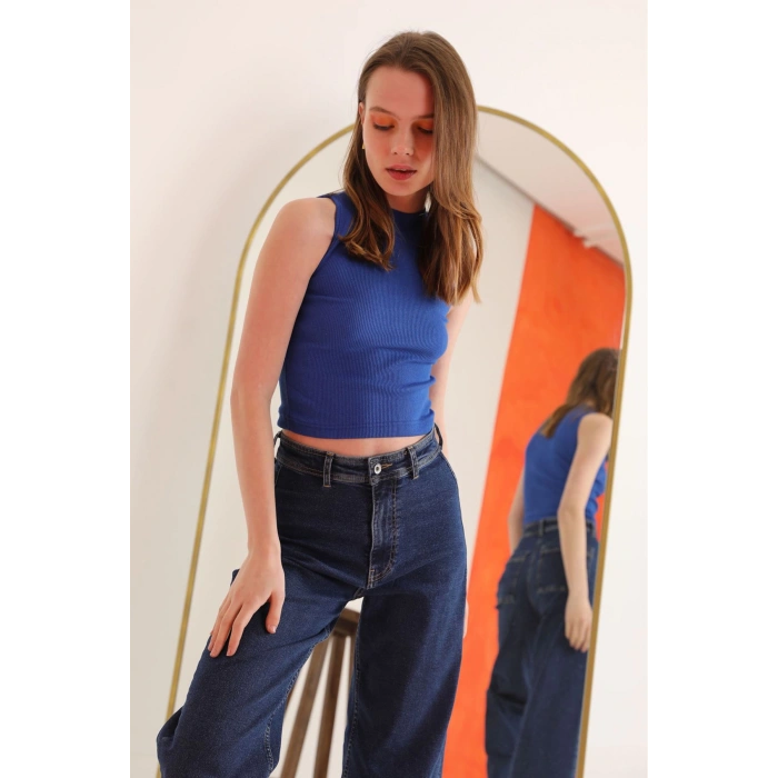 Kadın Kaşkorse Kumaş Siyah ve Saks Renk 2 Parça Bluz Seti