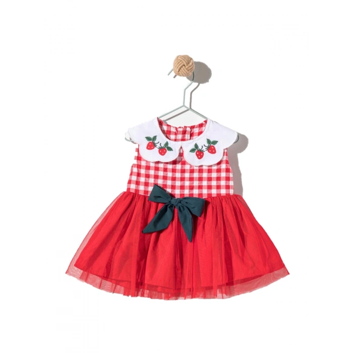 Kız Bebek Kırmızı Renk Kiraz Modelli Gömlek Yakalı Fırfırlı Bayramlık Elbise