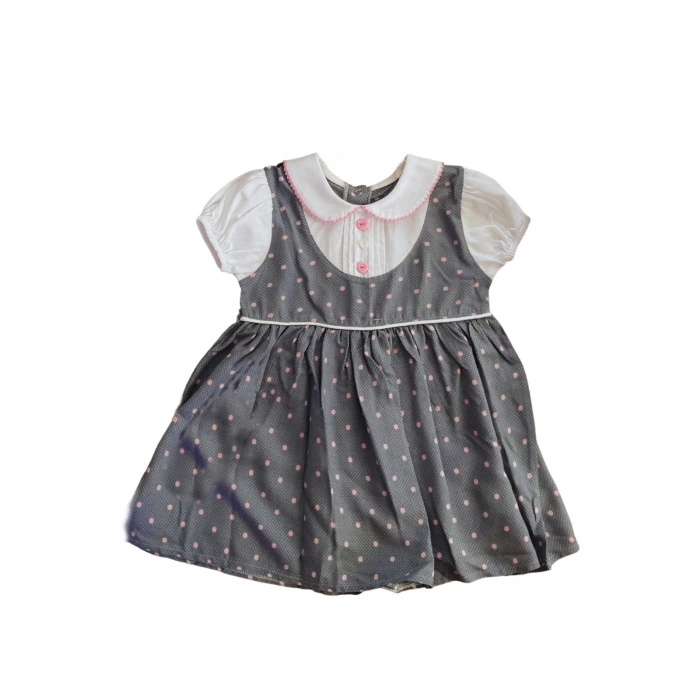 Kız Bebek Pamuklu Gri Renk İşlemeli Gömlek Yakalı Kısa Kollu Puantiyeli Elbise