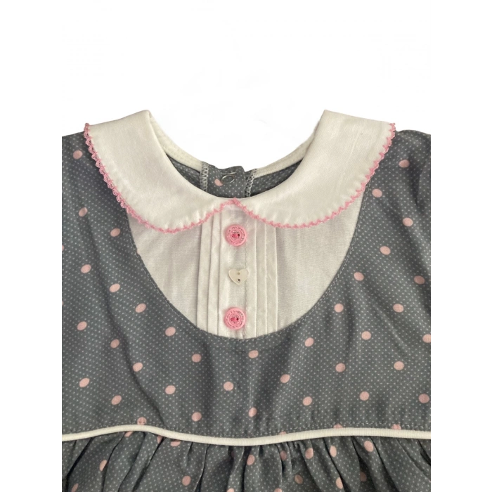 Kız Bebek Pamuklu Gri Renk İşlemeli Gömlek Yakalı Kısa Kollu Puantiyeli Elbise