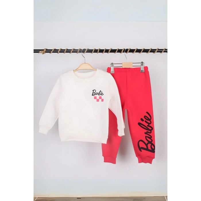 Kız Çocuk Barbie Baskılı Fuşya 3 İplik Şardonlu Kışlık Sweat ve Eşofman Alt Üst Takım