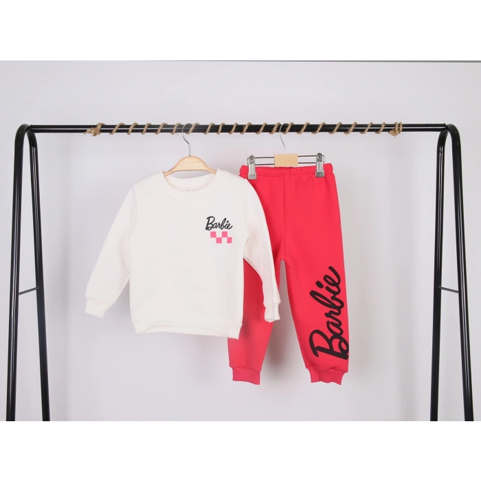 Kız Çocuk Barbie Baskılı Fuşya 3 İplik Şardonlu Kışlık Sweat ve Eşofman Alt Üst Takım