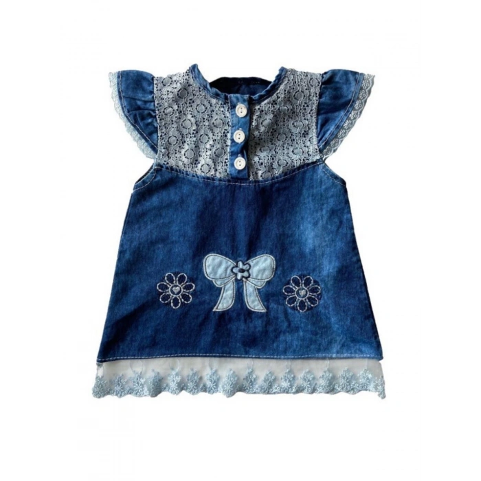 Kız Çocuk Denim Renk Kanvas Kumaş Dantel İşlemeli Vintage Model Volanlı Elbise