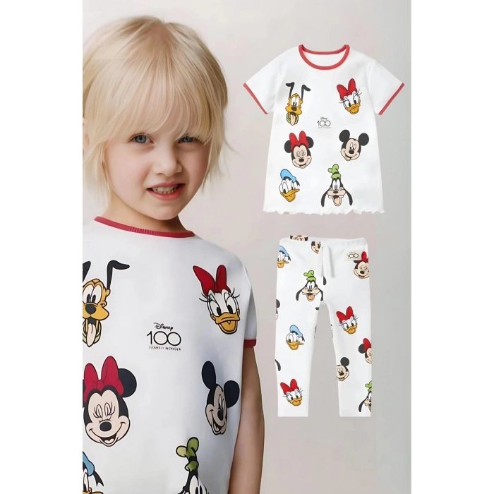 Kız Çocuk Disney 100. Yıl Baskılı Pamuklu Bisiklet Yaka Fitilli Kumaş T-shirt ve Tayt Alt Üst Takım