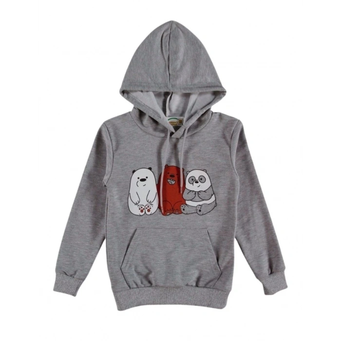 Kız Çocuk Gri Renk Panda Baskılı Over Fit Kanguru Cepli Kapüşonlu Sweatshirt