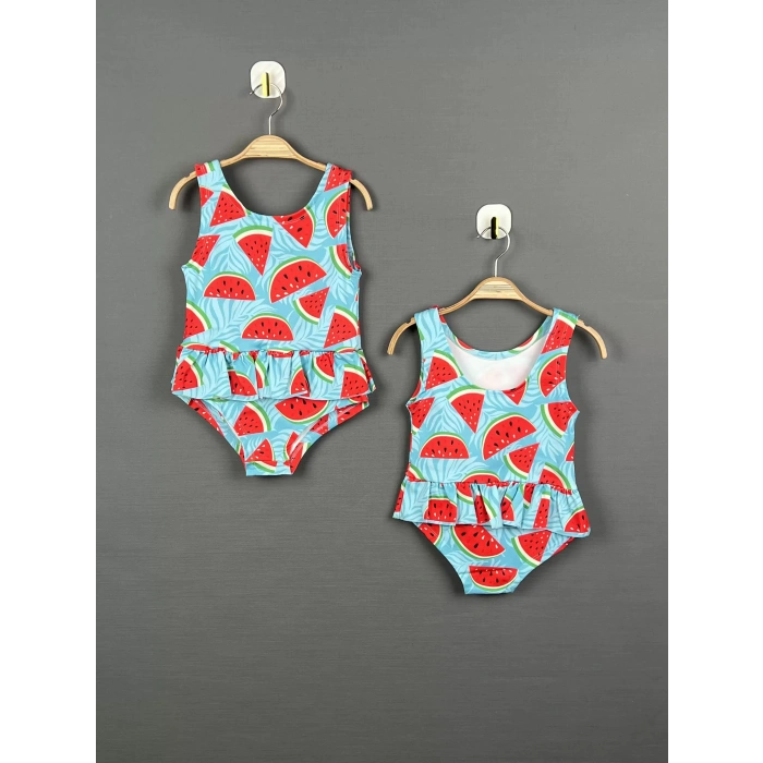 Kız Çocuk Renkli Watermelon Desenli Dalgıç Kumaş Etekli Mayo