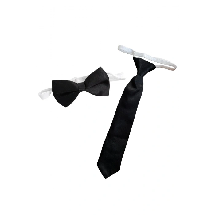 Erkek Çocuk 1-7 Yaş Lastikli Kravat ve Lastikli Papyon Siyah Renk 2 Parça Set