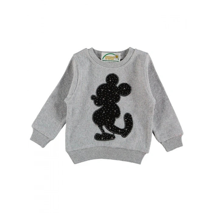 Kız Çocuk Gri Renk Selanik Kumaş Bisiklet Yaka İnci ve Taş Aksesuarlı Mickey Mouse Model Mevsimlik Kışlık Sweat