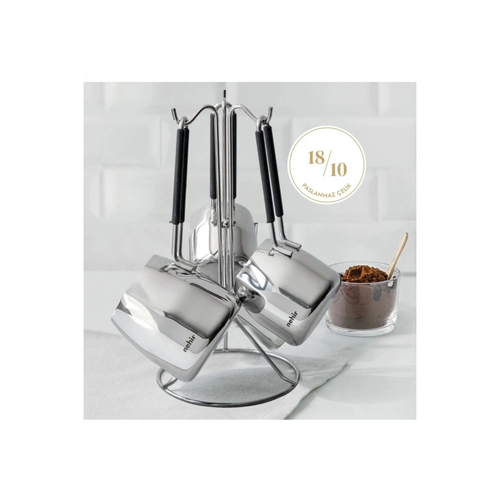 Nehir Modern 4 Parça Standlı Paslanmaz Çelik Cezve Seti