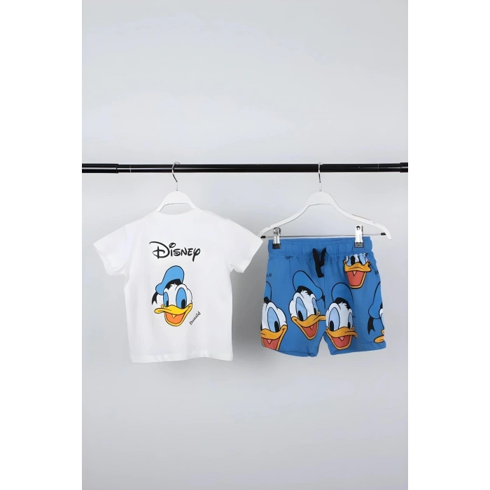 Unisex Bebek & Çocuk Donald Duck Baskılı Pamuklu Bisiklet Yaka Beyaz T-shirt ve Şort Alt Üst Takım