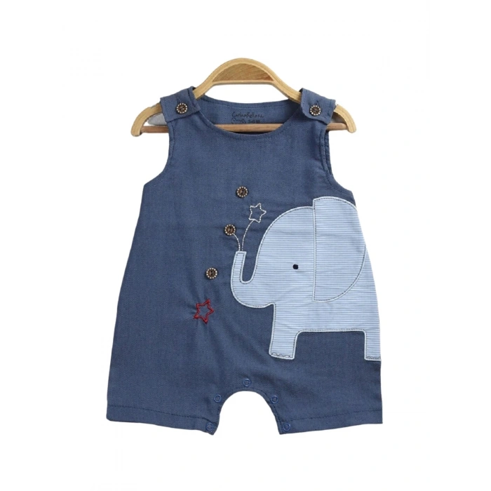 Unisex Bebek Denim Renk Pamuklu Fil İşlemeli Askılı Yumuşak Kumaş Çıtçıtlı Tulum