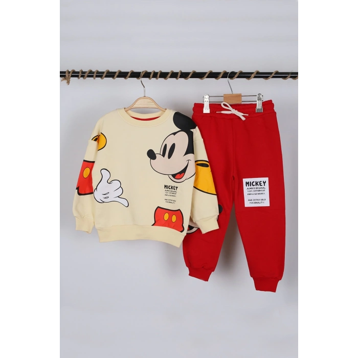 Unisex Çocuk Mickey Mouse Baskılı 3 İplik Şardonsuz Kışlık Sweat ve Eşofman Alt Üst Takım