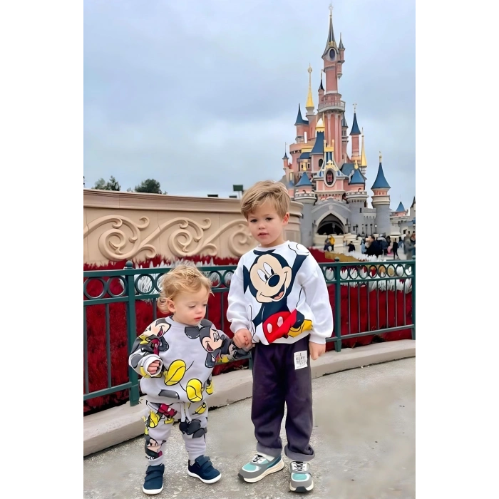Unisex Çocuk Mickey Mouse Baskılı 3 İplik Şardonsuz Sweat ve Eşofman Alt Üst Takım Dar Kalıp