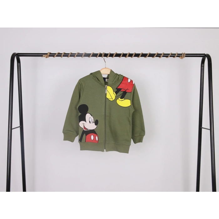 Unisex Çocuk Mickey Mouse Baskılı Haki Renk Mevsimlik Kapüşonlu Hırka