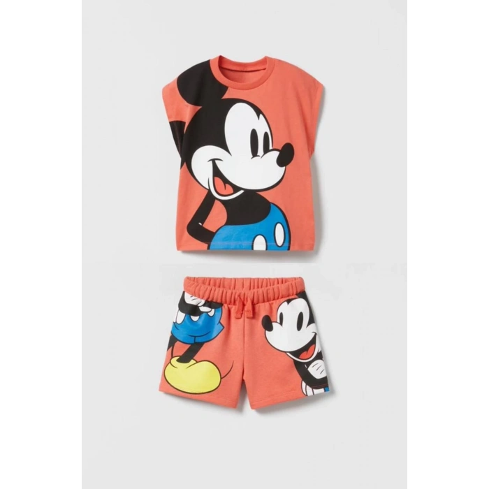 Unisex Çocuk Mickey Mouse Baskılı Pamuklu Bisiklet Yaka T-shirt ve Şort Alt Üst Takım