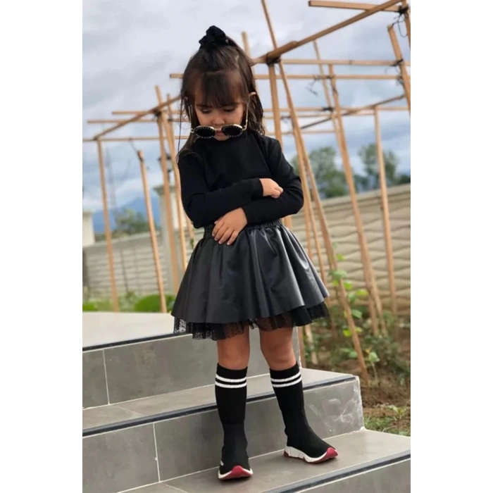 Unisex Çocuk Siyah Renk Raporlu Balıkçı Yaka Fitilli Model Uzun Kol Body