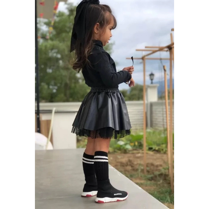 Unisex Çocuk Siyah Renk Raporlu Balıkçı Yaka Fitilli Model Uzun Kol Body