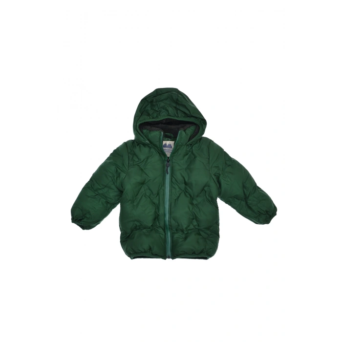 Unisex Çocuk Yeşil Renk Baklava Desenli İçi Yünlü Kapüşonlu Şişme Mont