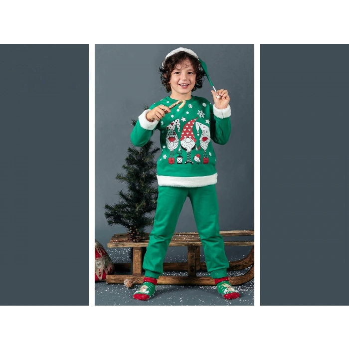 Unisex Çocuk Yılbaşı Christmas Noel Temalı 3 Cüce Kapüşonlu 3 İp Şardonlu 3 Parça Alt Üst Takım