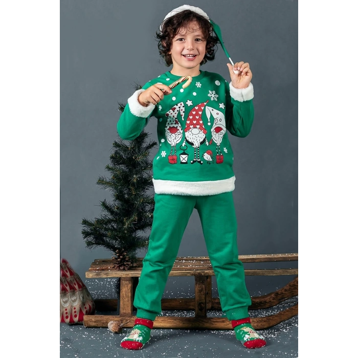 Unisex Çocuk Yılbaşı Christmas Noel Temalı 3 Cüce Kapüşonlu 3 İp Şardonlu 3 Parça Alt Üst Takım