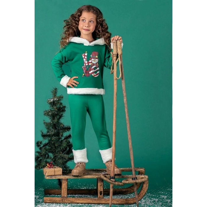 Unisex Çocuk Yılbaşı Christmas Noel Temalı Elf Model Kapüşonlu 3 İp Şardonlu 2 Parça Alt Üst Takım