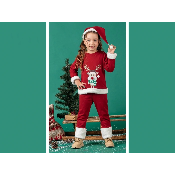Unisex Çocuk Yılbaşı Christmas Noel Temalı Geyik Model Kapüşonlu 3 İp Şardonlu 3 Parça Alt Üst Takım