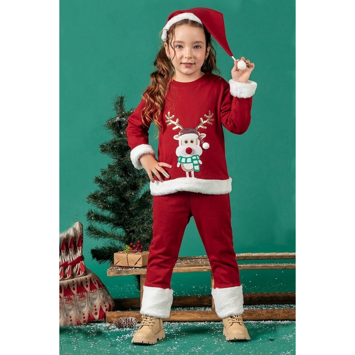 Unisex Çocuk Yılbaşı Christmas Noel Temalı Geyik Model Kapüşonlu 3 İp Şardonlu 3 Parça Alt Üst Takım