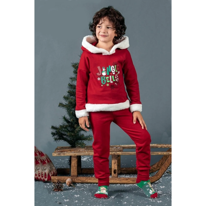 Unisex Çocuk Yılbaşı Christmas Noel Temalı Jingle Bells Model Kapüşonlu 3 İp Şardonlu 2 Parça Alt Üst Takım