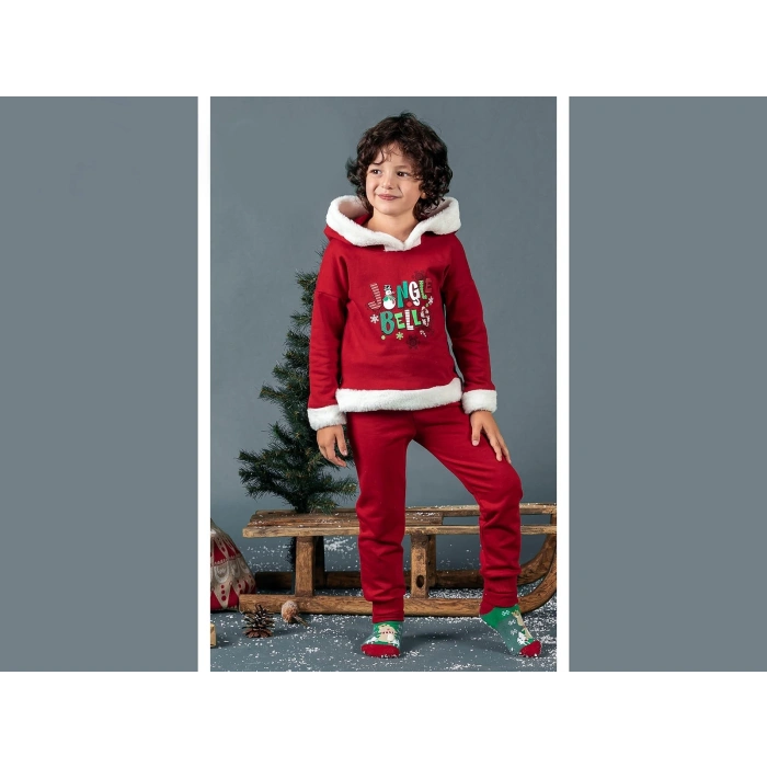 Unisex Çocuk Yılbaşı Christmas Noel Temalı Jingle Bells Model Kapüşonlu 3 İp Şardonlu 2 Parça Alt Üst Takım